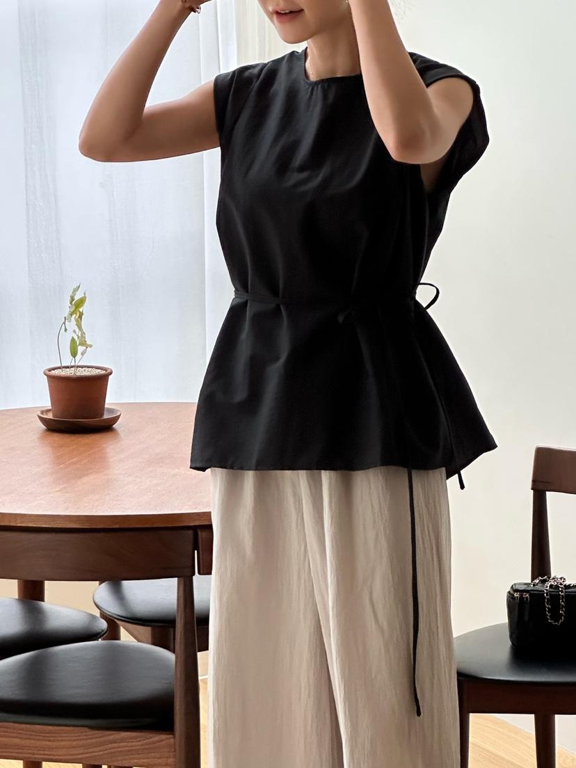 LE VASE韓國東大門直郵女裝新款時尚休閑襯衫蕾絲衫含腰繩LE VASE襯衫/蕾絲衫