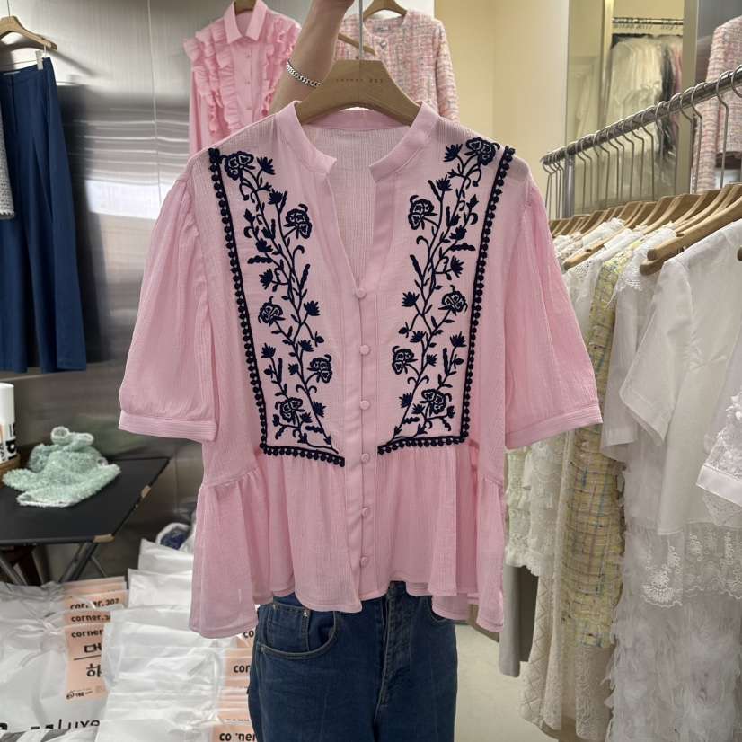 CORNER韓國東大門代購女士新款人氣職業休閑襯衫蕾絲衫刺繡CORNER.302襯衫/蕾絲衫