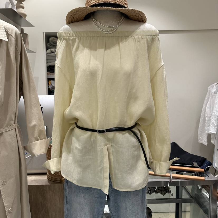 MELO韓國代購女裝新品時尚人氣襯衫蕾絲衫含腰帶露肩亞麻MELO襯衫/蕾絲衫