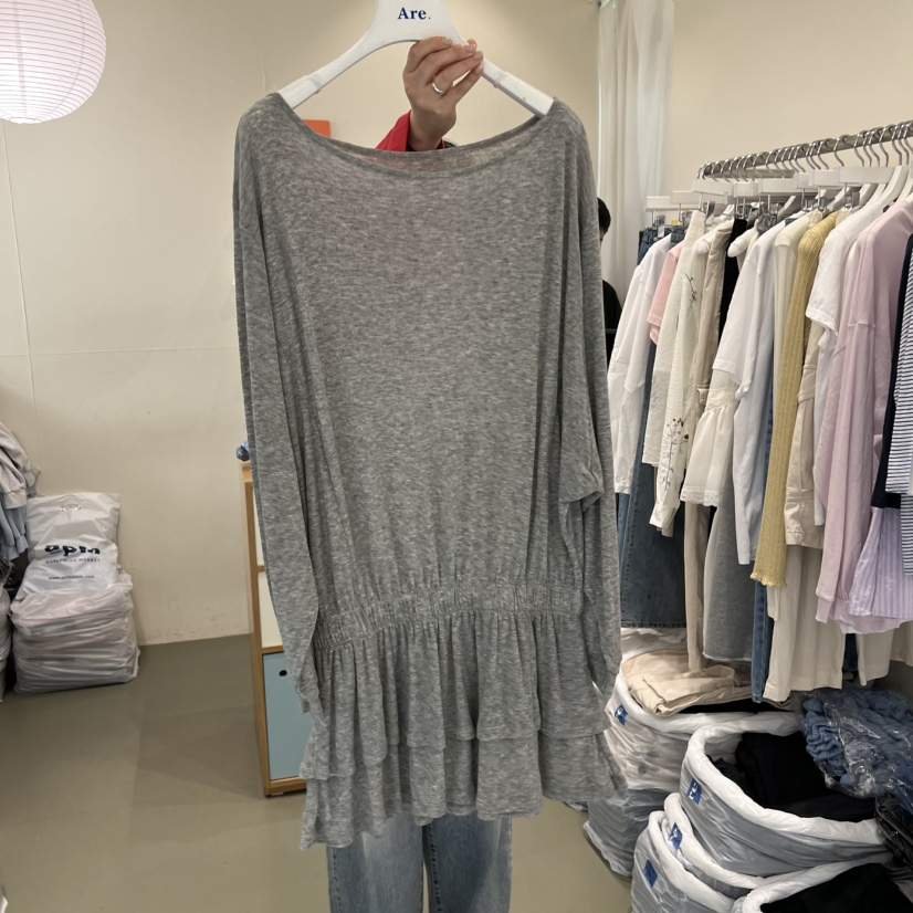 ARE東大門代購女裝新品時尚熱賣26春夏休閑長袖T恤船領褶皺ARE YOU/ARE長袖T恤