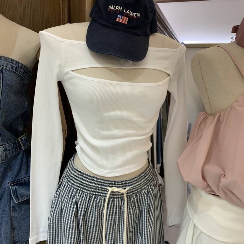 VIRKIN韓國直郵女士新品人氣時尚真品長袖T恤開衩紐扣羅紋VIRKIN長袖T恤