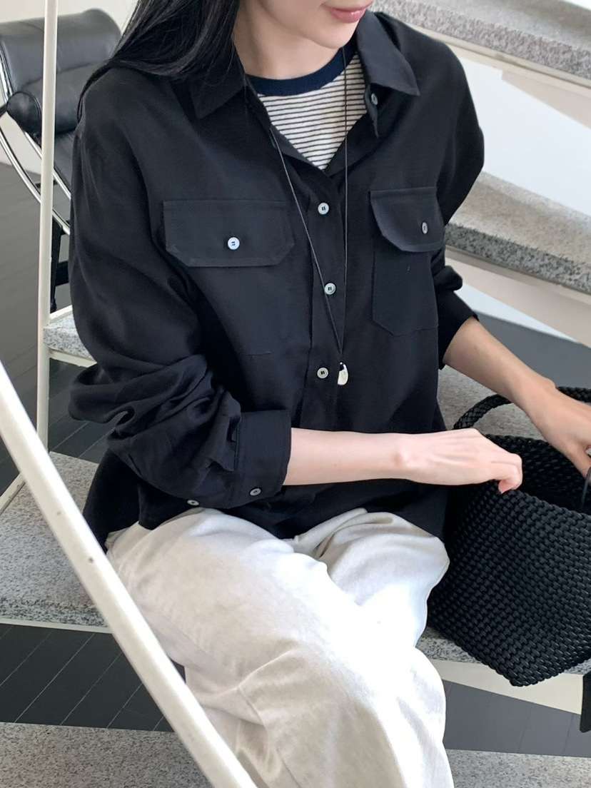 BINUS東大門代購女裝新品人氣休閑真品時尚襯衫蕾絲衫口袋BINUS襯衫/蕾絲衫