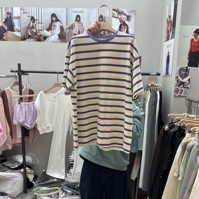 STICK WITH韓國直郵實拍女裝新品時尚休閑推薦人氣T恤條紋STICK WITHT恤