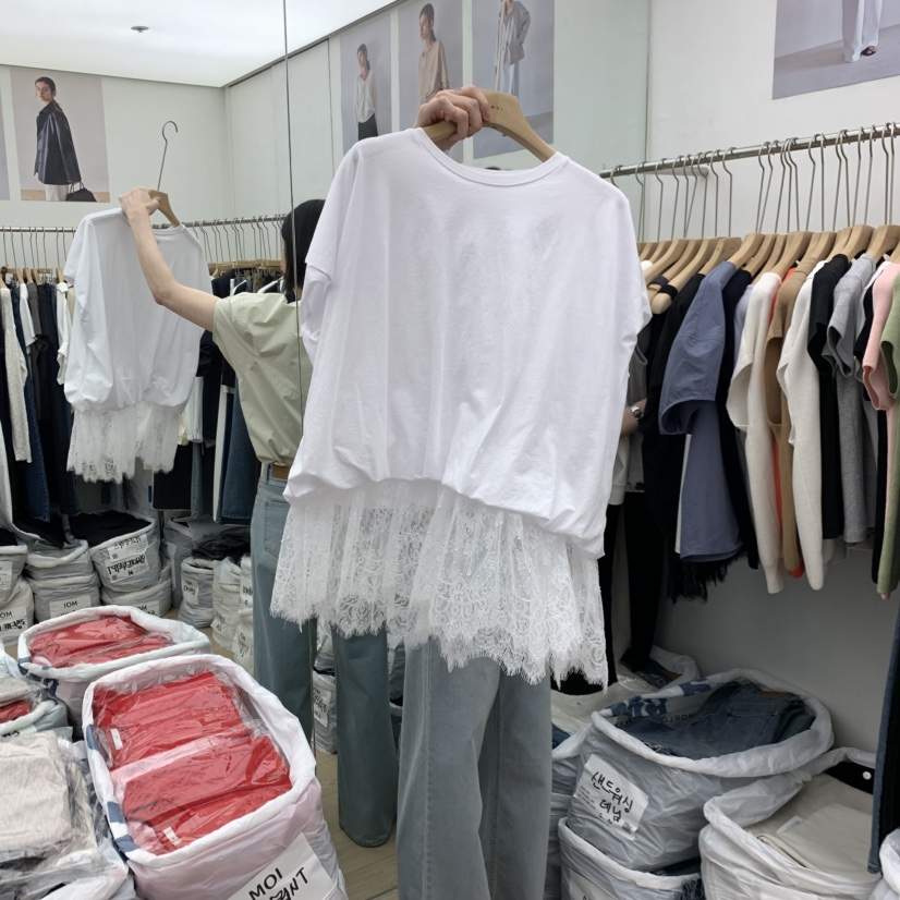 MOI-A韓國東大門代購女士新品推薦熱賣T恤假兩件莫代爾蕾絲MOI-AT恤