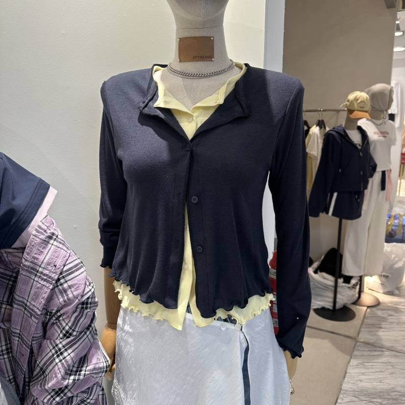 AT THE END韓國直郵實拍女士新款人氣長袖T恤假兩件亞麻布AT THE END長袖T恤