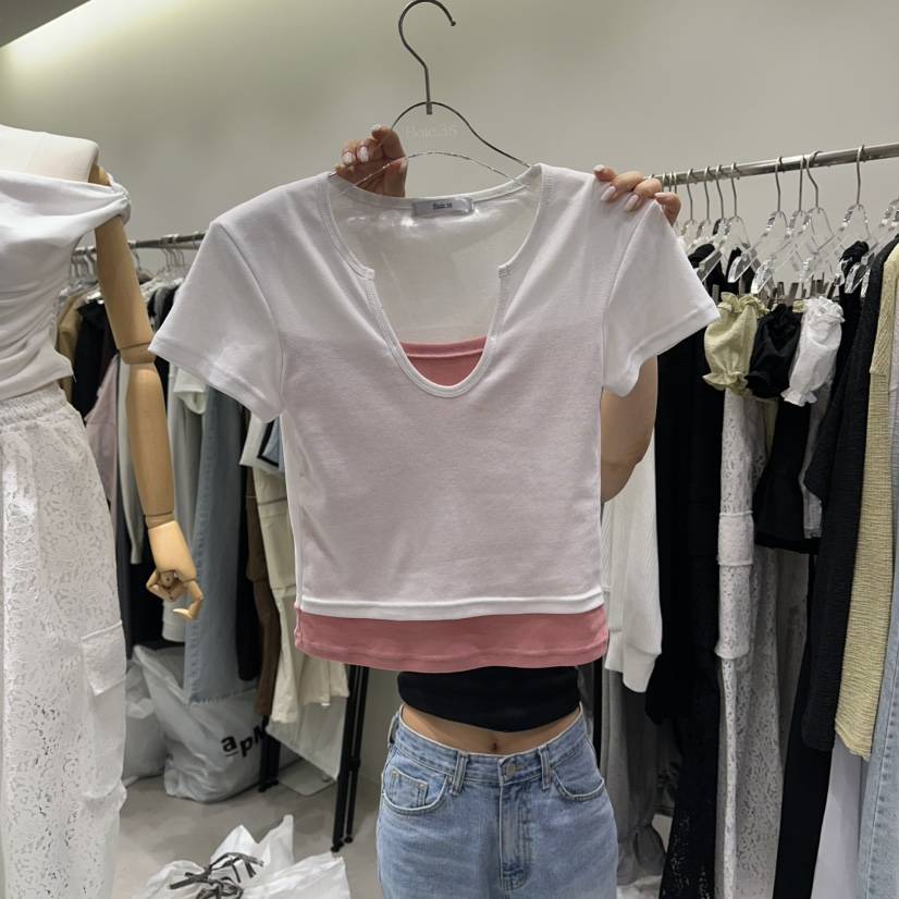 BAIE.38韓國東大門代購女裝新款時尚推薦休閑T恤假兩件撞色BAIE.38T恤