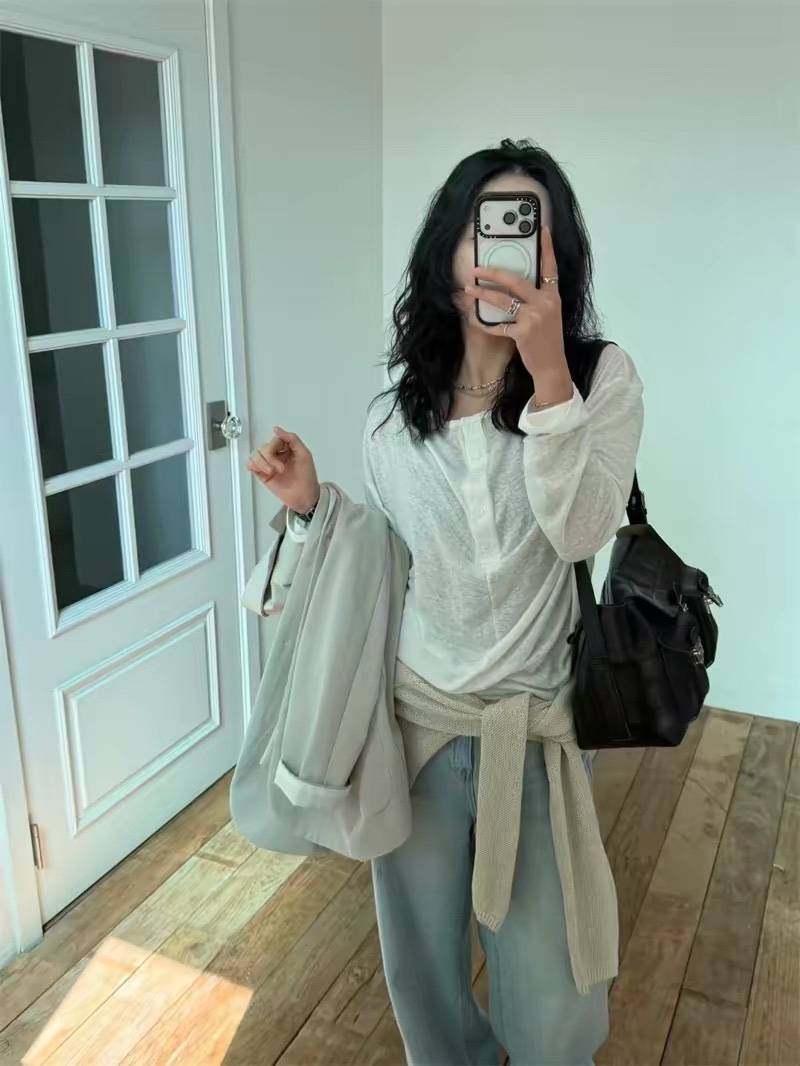 MONDAY TO SUNDAY韓國直郵實拍女士新品26春夏長袖T恤亞麻MONDAY TO SUNDAY長袖T恤