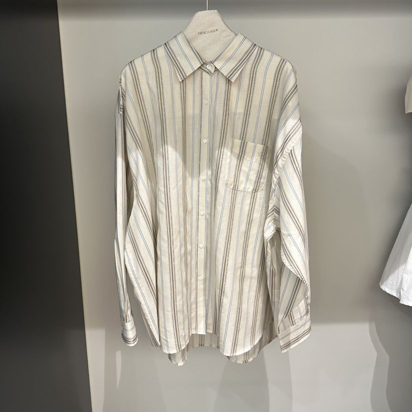 FRENCH DOOR韓國直郵女士新品熱賣26春夏襯衫蕾絲衫亞麻條紋FRENCH DOOR襯衫/蕾絲衫