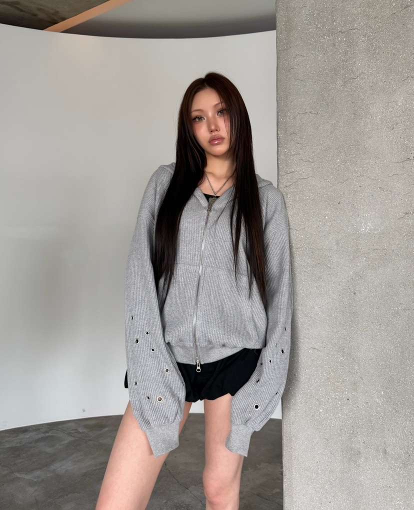 SEEOT韓國直郵實拍女士新品休閑夾克拉鏈連帽衫男女同款華夫格鏤空SEEOT夾克