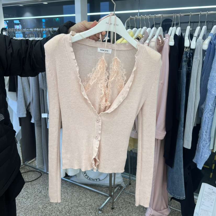 BEIGE GRAY韓國直郵女士新款休閑針織衫羊毛衫假兩件雙層開襟BEIGE GRAY針織衫