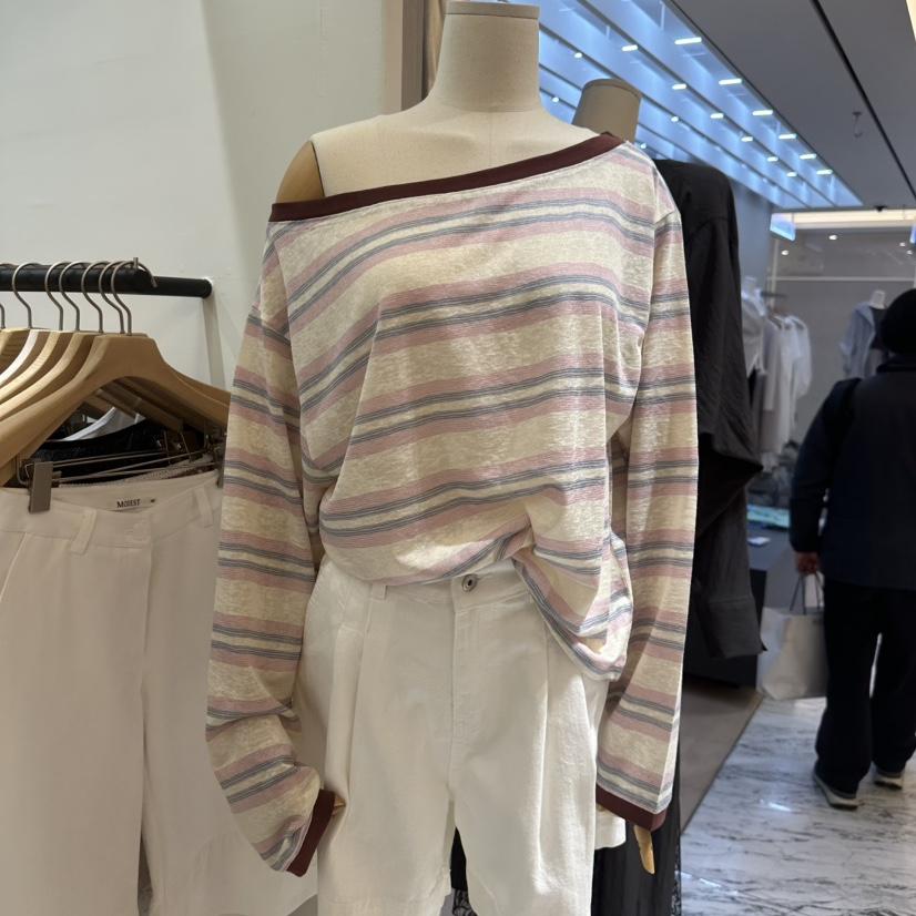 NOTTINGHAM/AVECNOUS/MODEST韓國東大門直郵女裝新品休閑長袖T恤露肩寬松NOTTINGHAM/AVECNOUS/MODEST長袖T恤