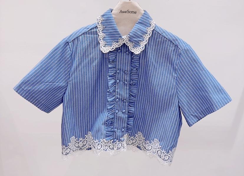 AWESOME-P韓國東大門代購女裝新款時尚襯衫蕾絲衫雙層條紋AWESOME-P襯衫/蕾絲衫