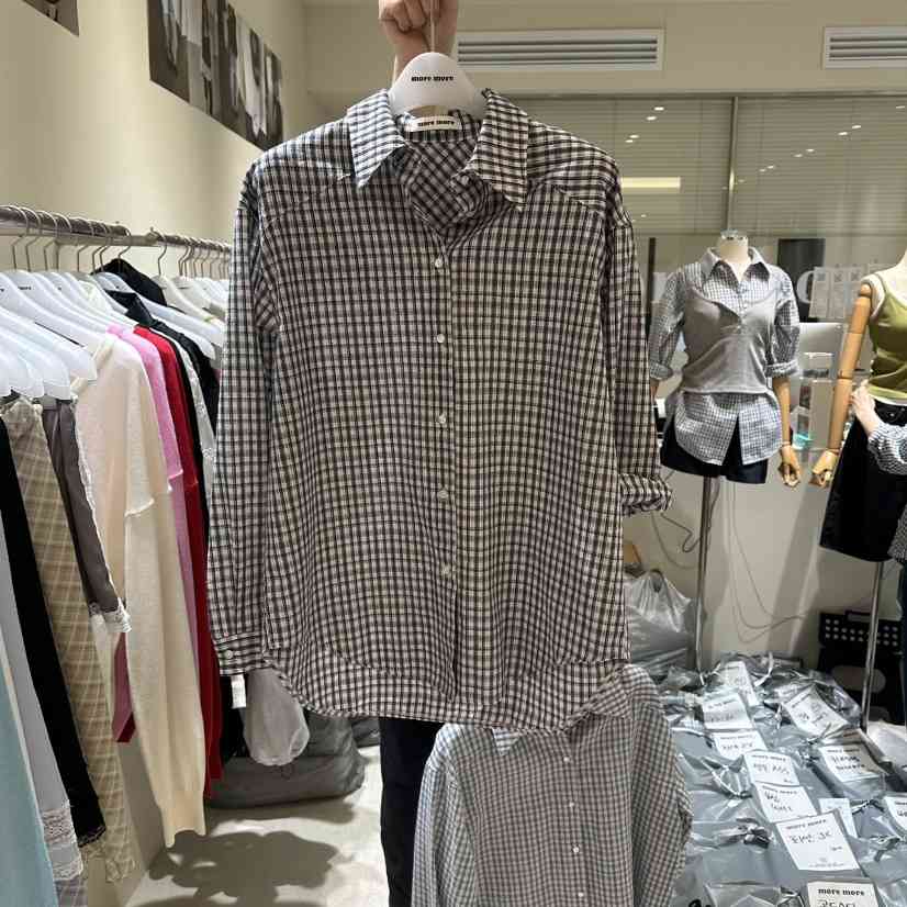 MOREMORE韓國代購女士新款休閑人氣職業時尚襯衫蕾絲衫格子more more襯衫/蕾絲衫