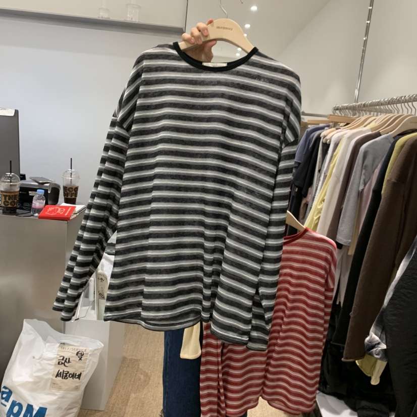 SELF SERVICE韓國東大門直郵女裝新品職業長袖T恤天絲條紋SELF SERVICE長袖T恤