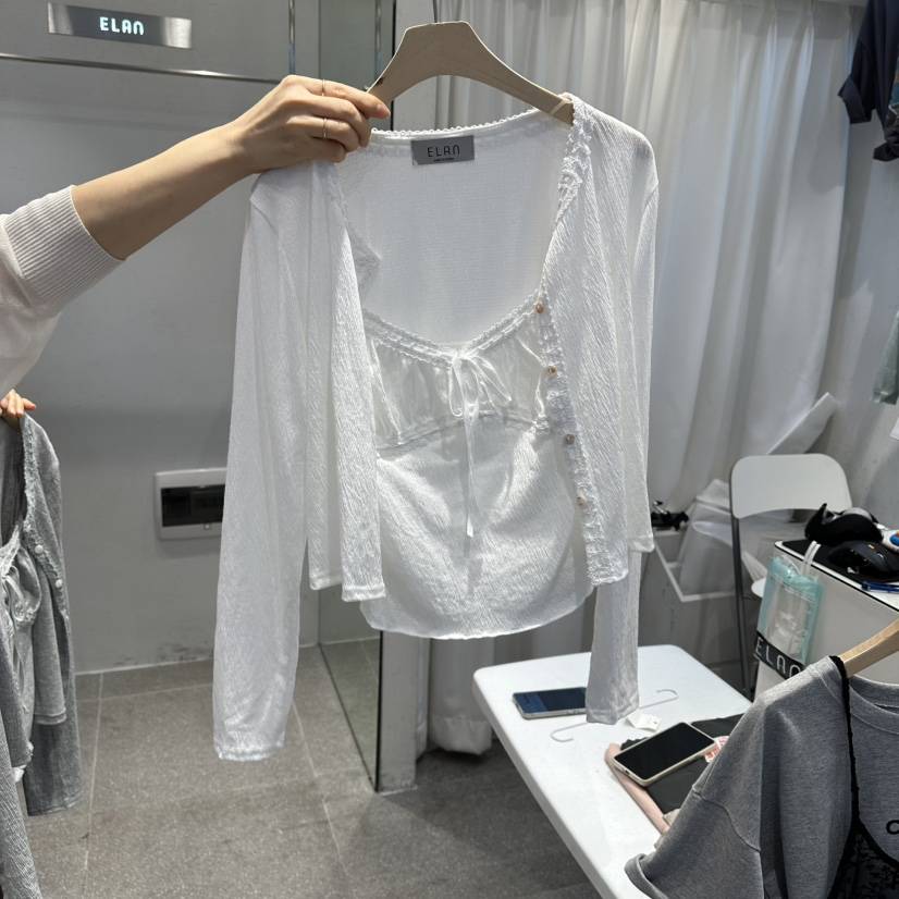 空韓國東大門直郵女裝新品時尚熱賣26春夏套裝套裝蕾絲開衫ELAn套裝