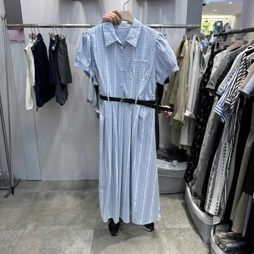 BLOOM韓國代購女士新品26春夏時尚職業推薦連衣裙含腰帶格子BLOOM-Q連衣裙