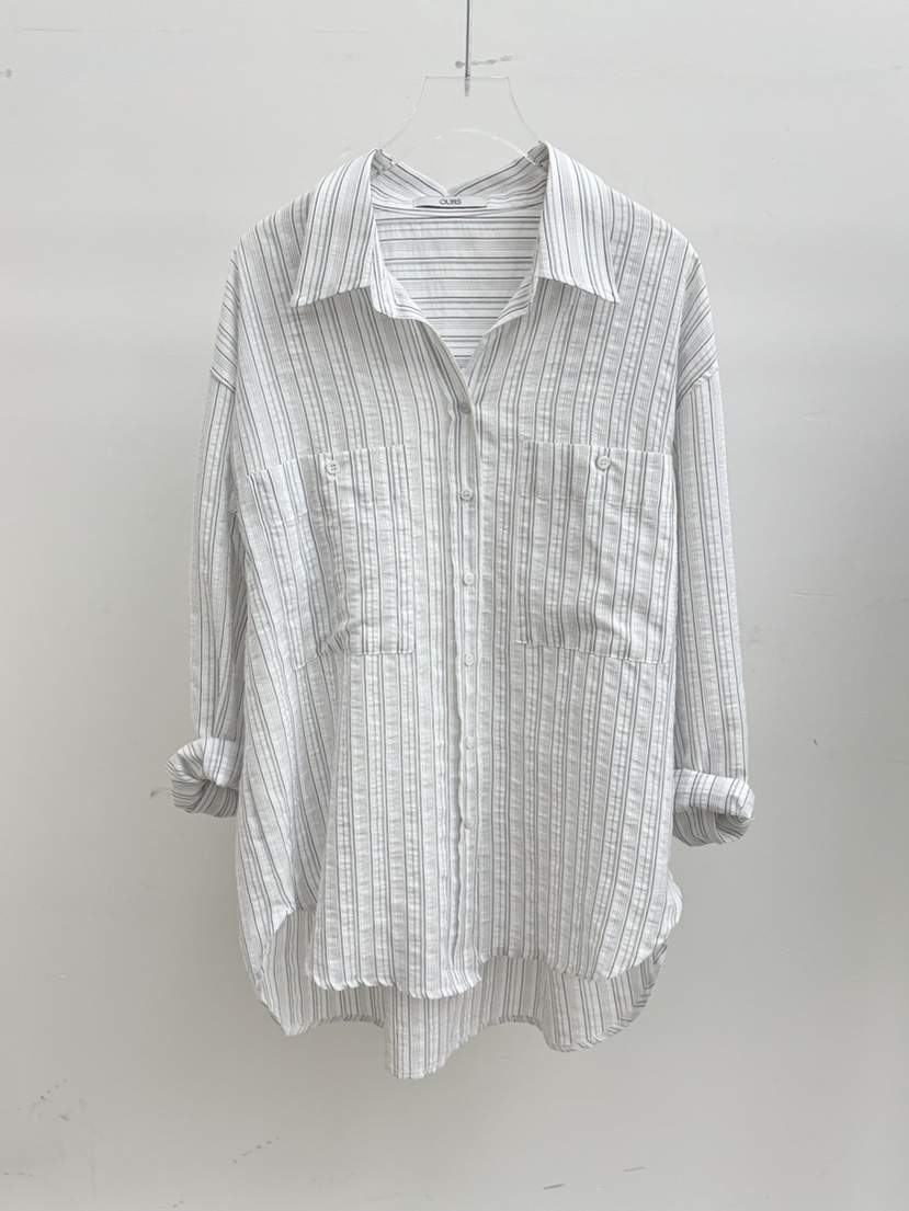 OURS韓國東大門代購女士新款26春夏休閑襯衫蕾絲衫透明條紋OURS襯衫/蕾絲衫