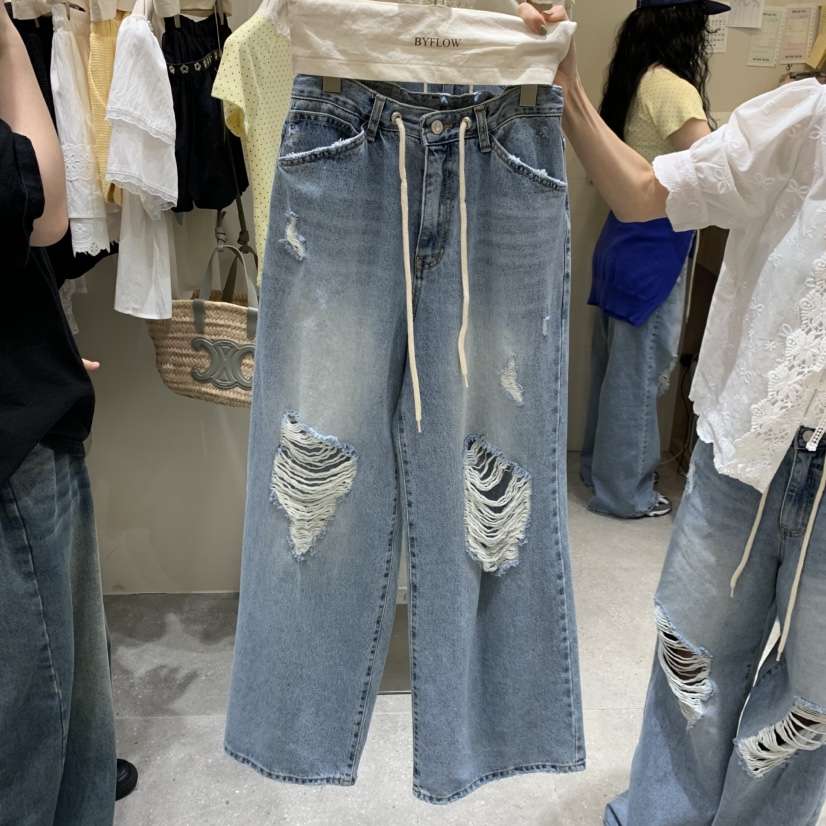 BY FLOW韓國直郵實拍女裝新品推薦人氣職業牛仔褲系帶復古BY FLOW牛仔褲