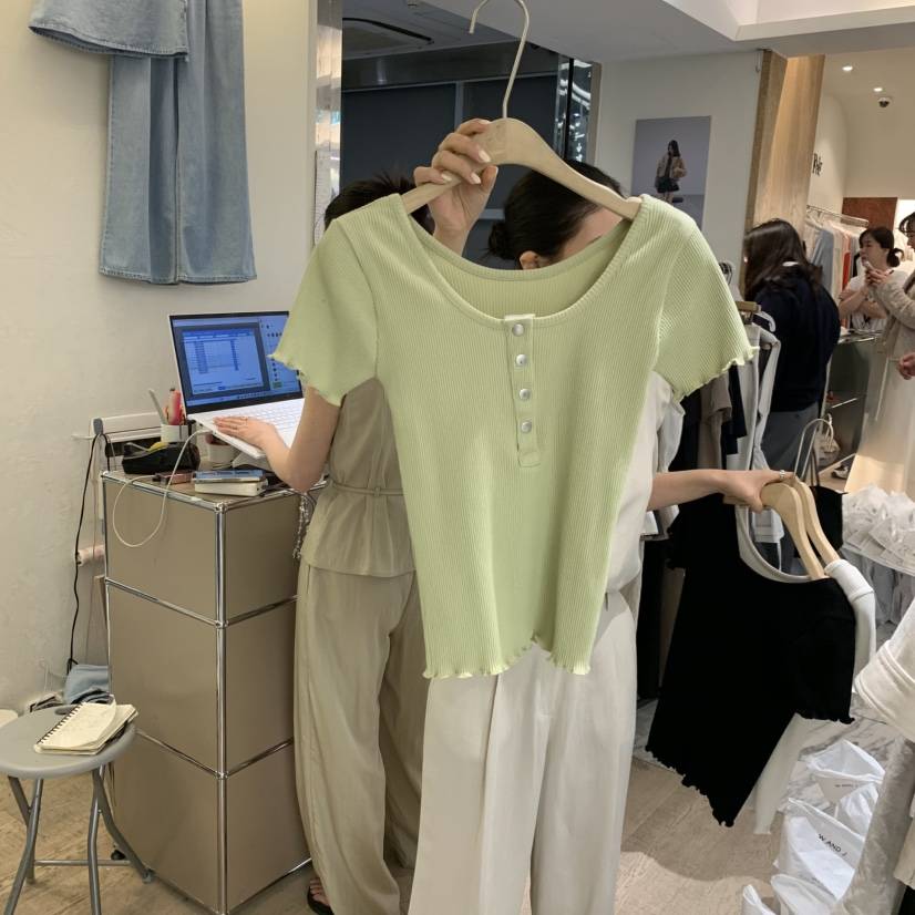 W AND J韓國東大門直郵女士新款休閑時尚熱賣26春夏T恤羅紋W AND JT恤