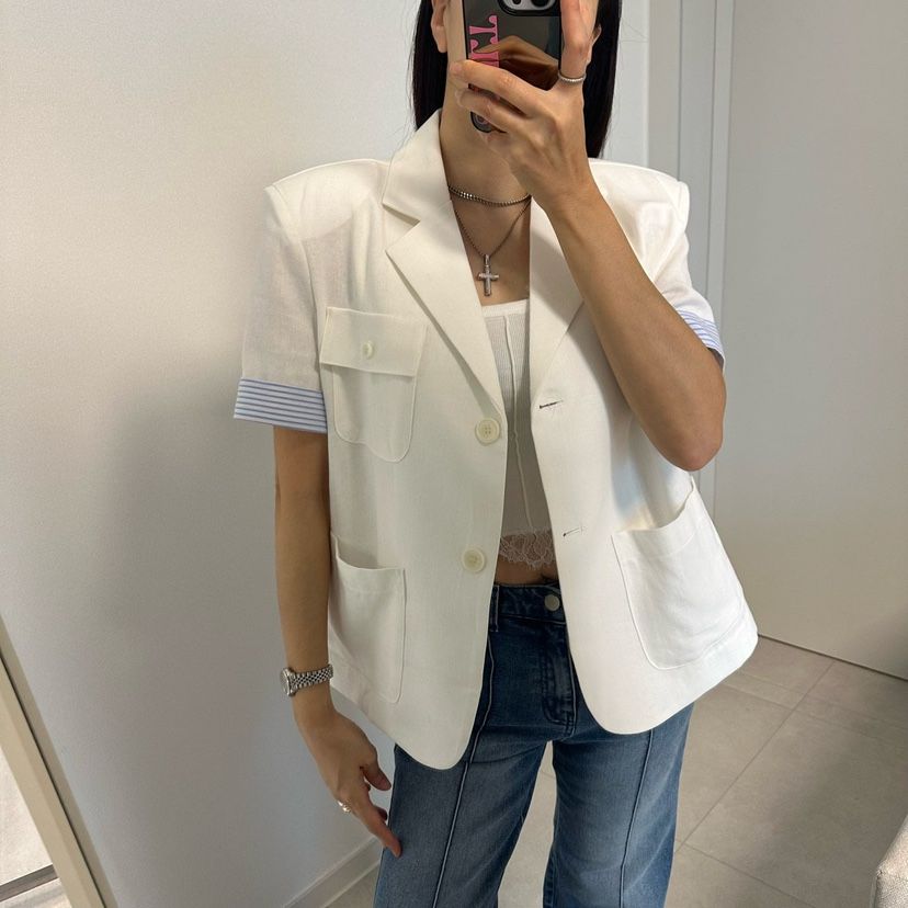SOUIT韓國直郵女士新款職業26春夏時尚休閑熱賣夾克撞色亞麻SOUIT by mabel-L夾克