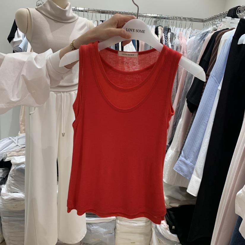 LOVE SOME韓國東大門直郵女士新款時尚吊帶背心假兩件多層羅紋LOVE SOME吊帶/背心