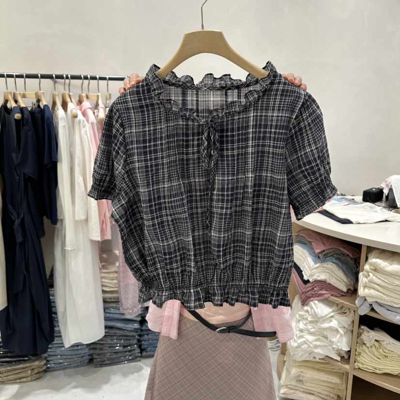 AURA韓國直郵實拍女士新品時尚職業熱賣推薦襯衫蕾絲衫格子Au ra襯衫/蕾絲衫