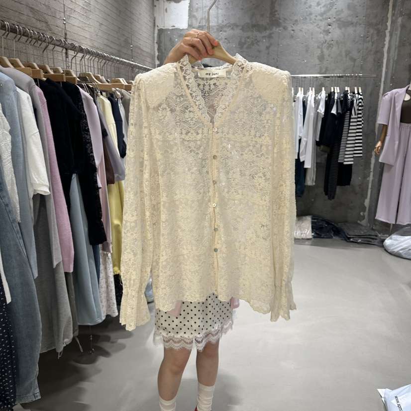 JUNI韓國代購女士新款26春夏熱賣推薦時尚襯衫蕾絲衫蕾絲my juni襯衫/蕾絲衫