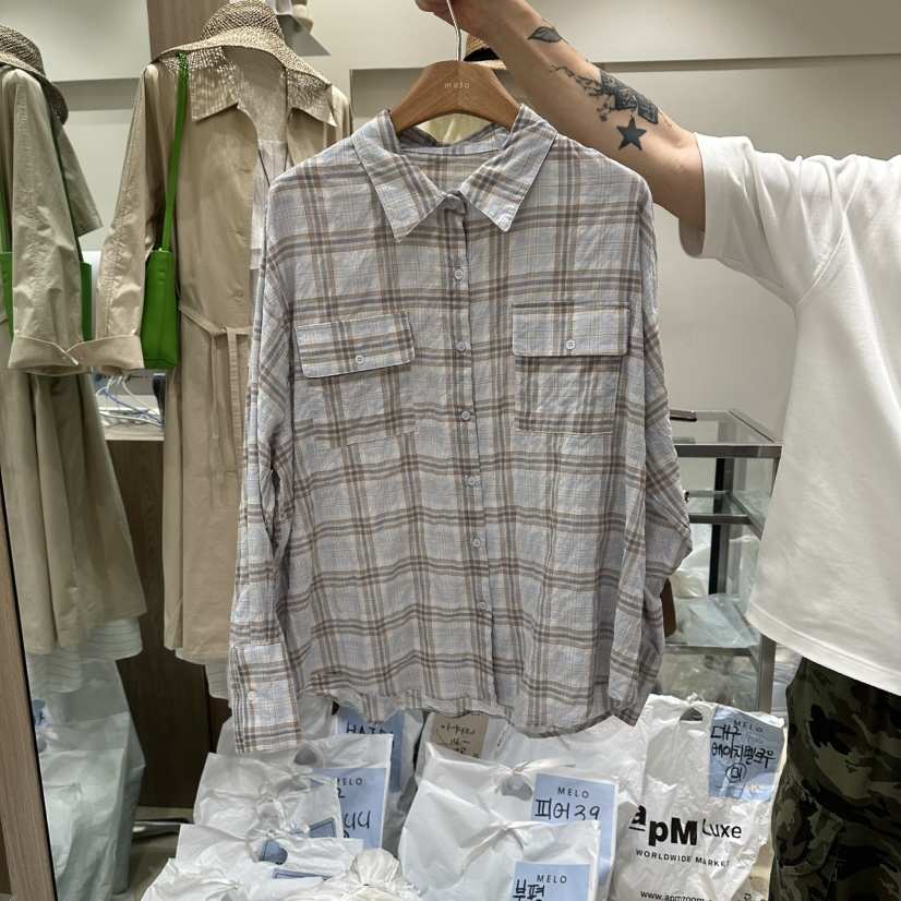 MELO韓國代購女士新品時尚熱賣推薦26春夏襯衫蕾絲衫格子褶裥MELO襯衫/蕾絲衫