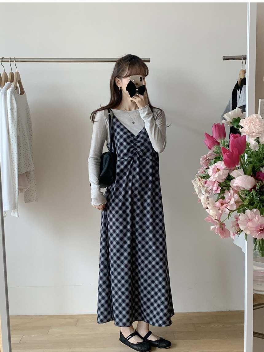 FRILL-T/DADA韓國代購女士新款職業連衣裙不含內搭格紋褶皺FRILL-T/DADA連衣裙