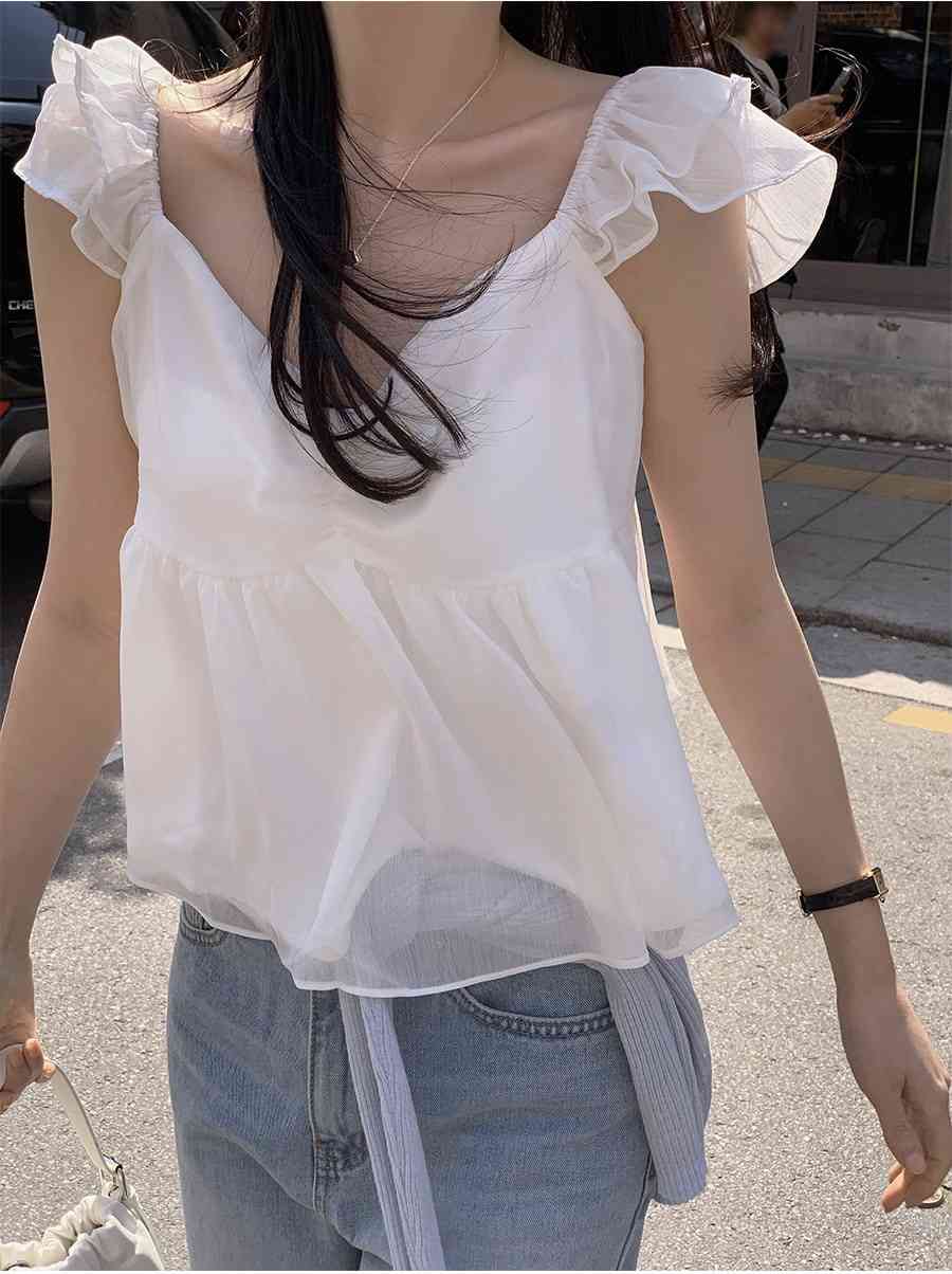 FRILL-T/DADA韓國代購女裝新品時尚休閑吊帶背心狐貍雪紡FRILL-T/DADA吊帶/背心