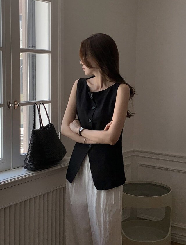 FRILL-T/DADA韓國東大門直郵女士新品26春夏馬甲船領亞麻FRILL-T/DADA馬甲