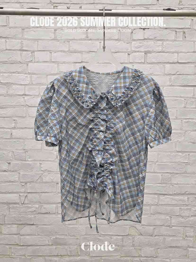 CLODE韓國東大門直郵女裝新品休閑26春夏襯衫蕾絲衫格子褶皺CLODE襯衫/蕾絲衫
