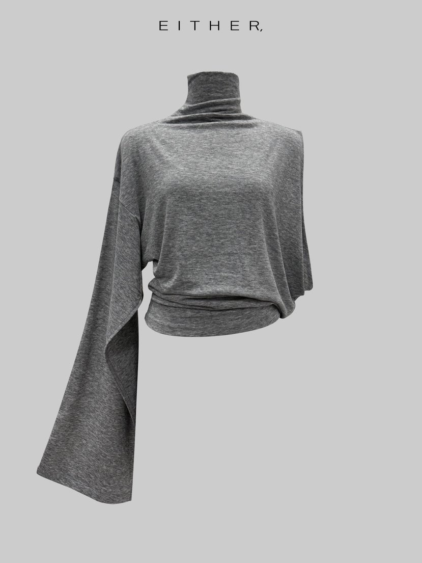 EITHER韓國東大門直郵女裝新品時尚休閑長袖T恤不對稱披肩EITHER長袖T恤