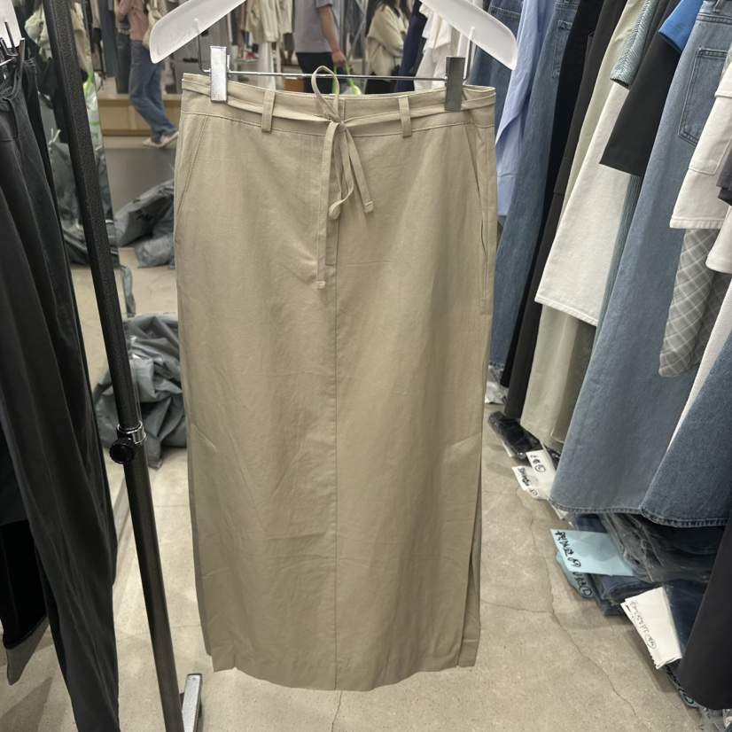 HELVETICA韓國東大門直郵女士新品時尚長裙含腰繩腰帶亞麻開衩HELVETICA長裙