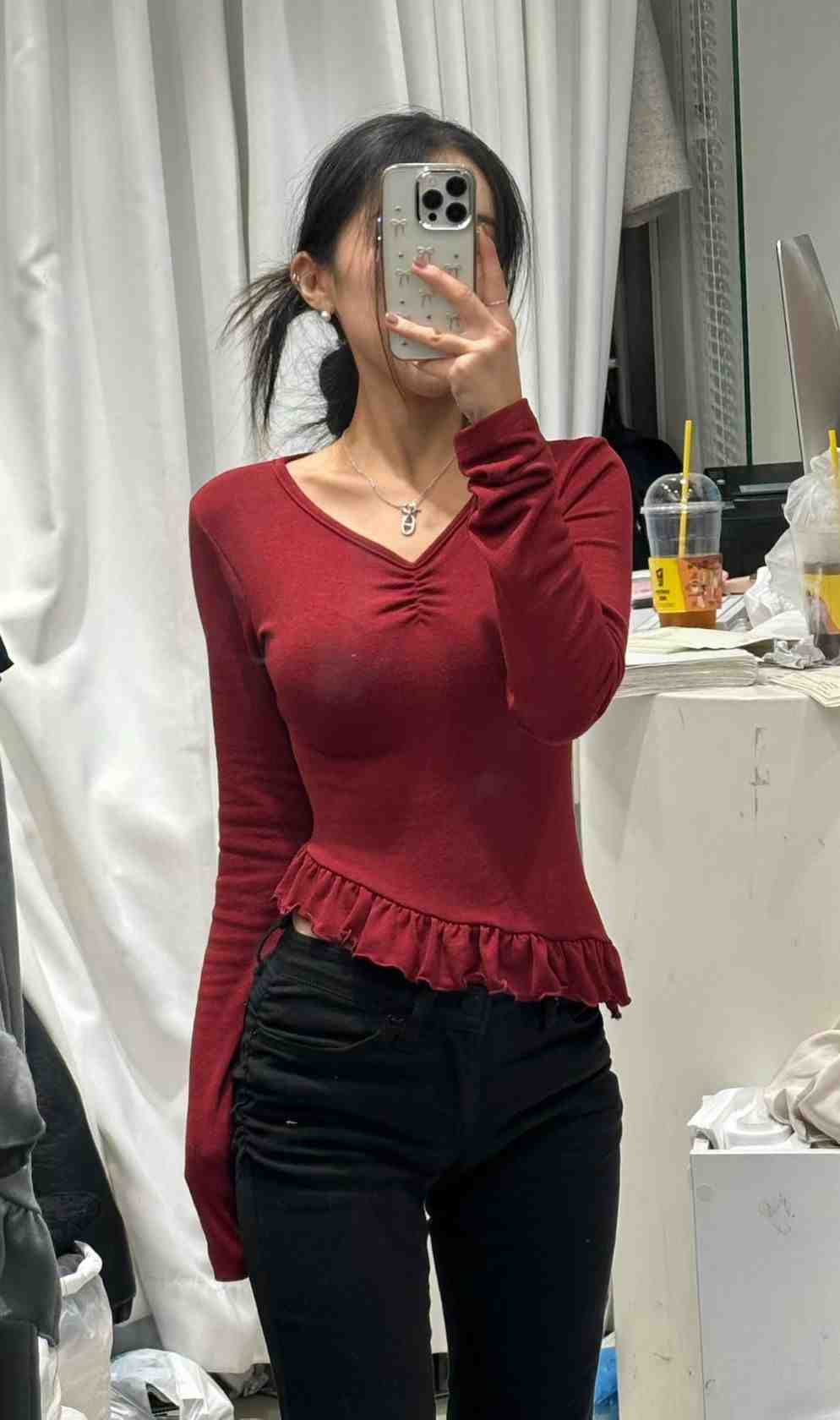 PLEASE/WW東大門直郵女士新款26春夏人氣職業長袖T恤褶皺PLEASE/WW長袖T恤