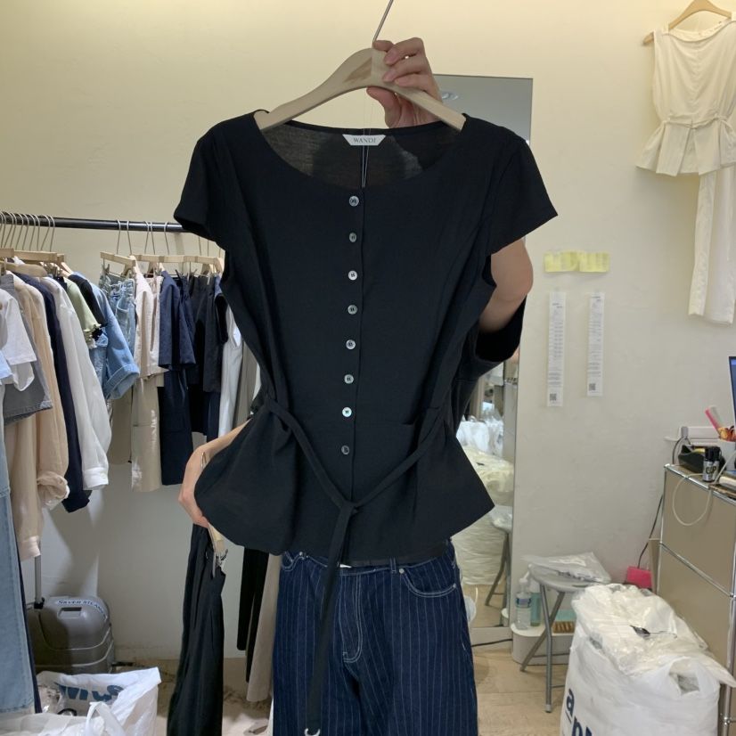 W AND J韓國東大門直郵女裝新款26春夏襯衫蕾絲衫含腰繩W AND J襯衫/蕾絲衫