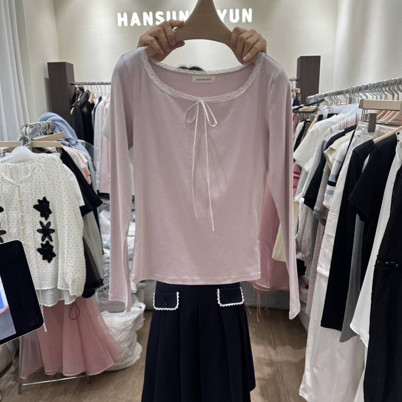 HANSUNGHYUN韓國代購女裝新款職業推薦休閑長袖T恤蕾絲緞HANSUNGHYUN長袖T恤