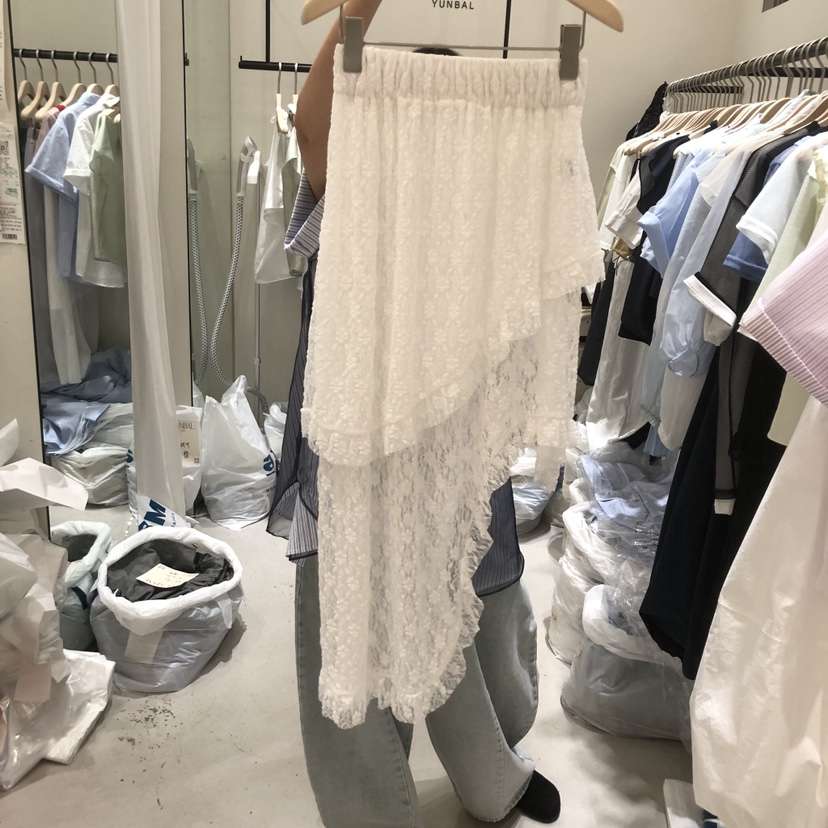 YUNBAL韓國東大門直郵女裝新款人氣半身裙中短裙不對稱蕾絲YUNBAL半身裙/中短裙