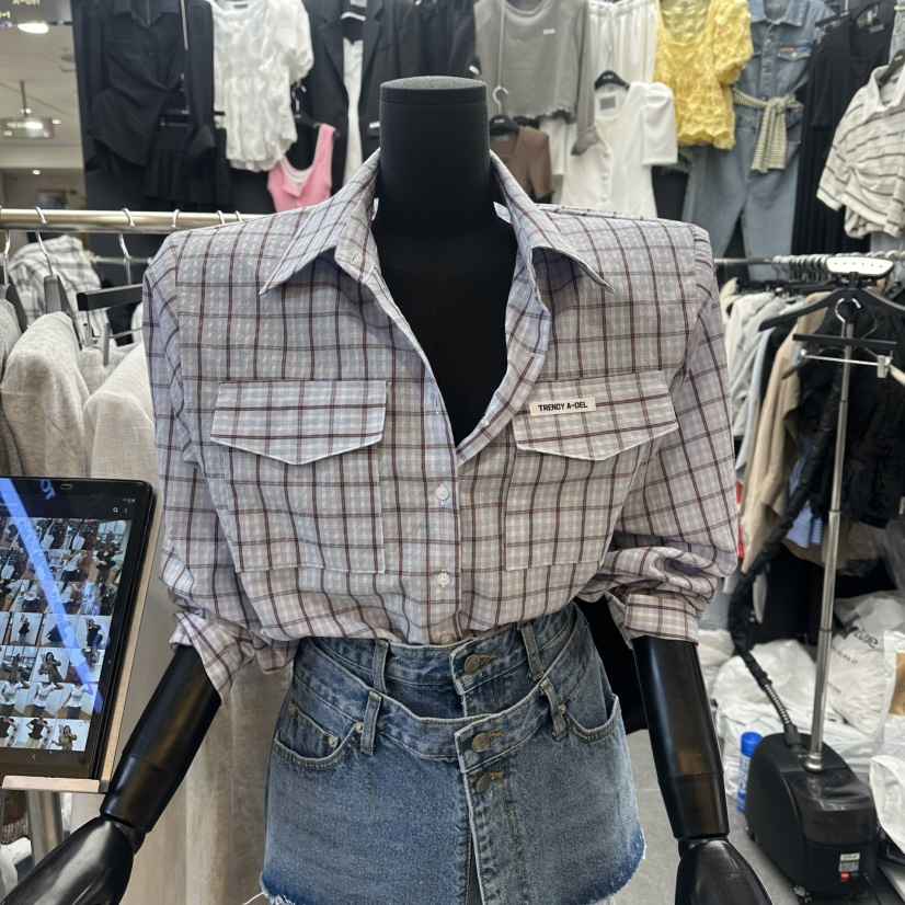 A-DEL韓國代購女裝新款熱賣時尚休閑襯衫蕾絲衫格子短款A-DEL襯衫/蕾絲衫