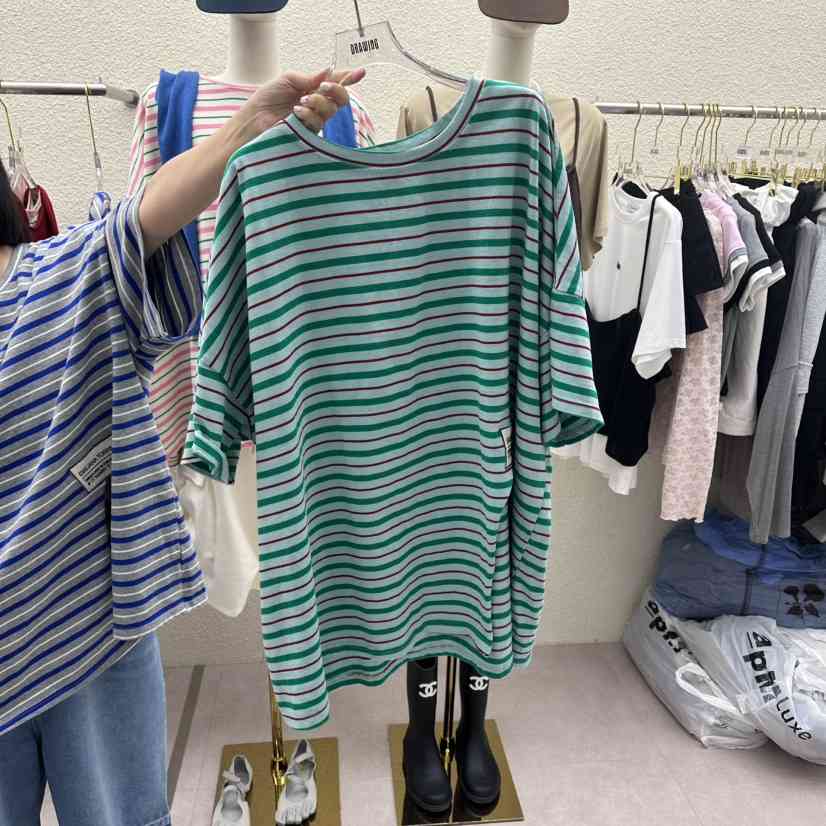 DRAWING韓國直郵實拍女士新款26春夏熱賣時尚T恤開衩條紋DRAWINGT恤