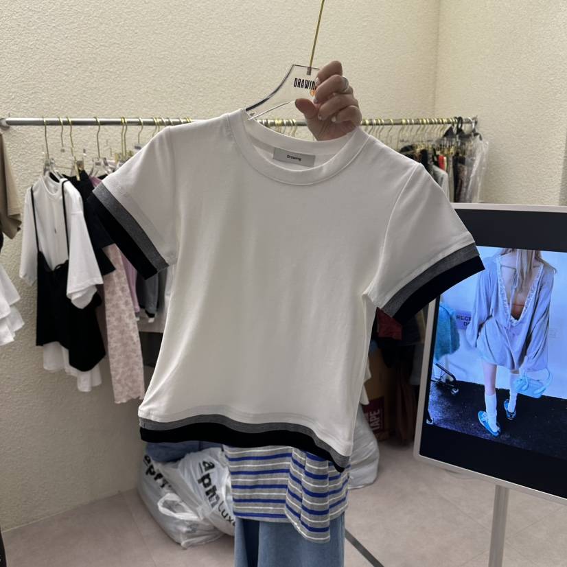 DRAWING韓國東大門直郵女士新品推薦職業人氣時尚T恤撞色DRAWINGT恤