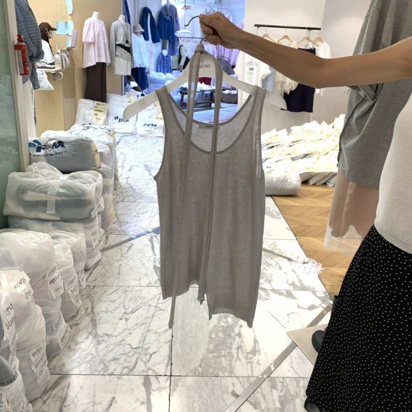 ALMOND韓國東大門代購女裝新品職業吊帶背心亞麻針織含腰繩ALMOND吊帶/背心