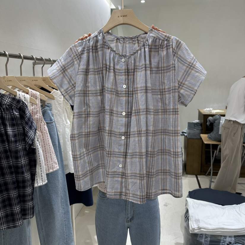 A WANT韓國直郵女裝新品時尚推薦26春夏襯衫蕾絲衫格子褶皺A WANT襯衫/蕾絲衫