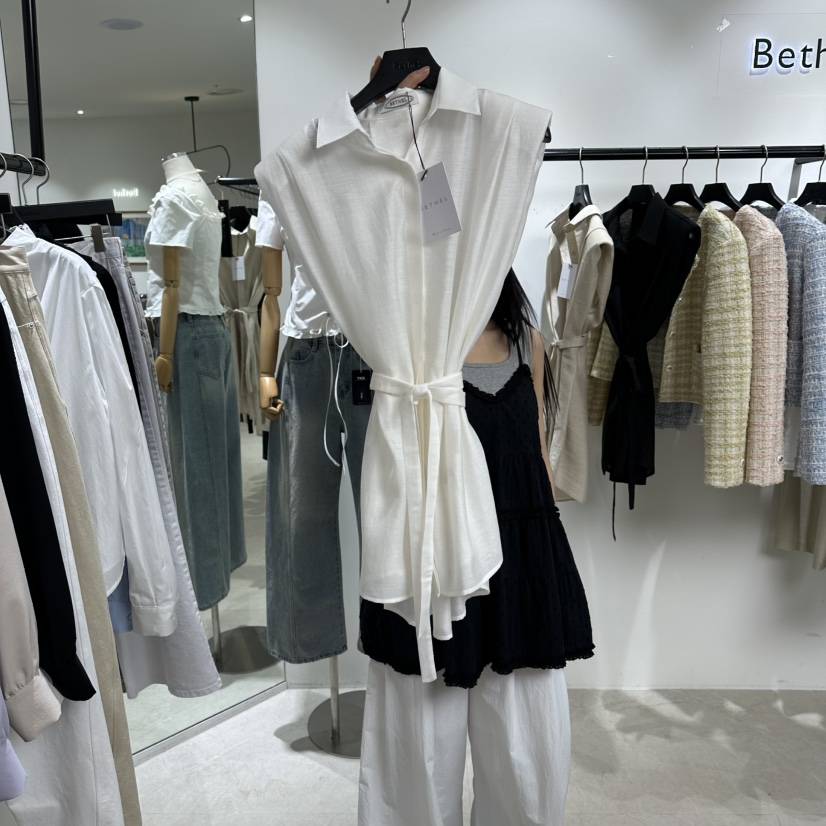 BETHEL韓國代購女士新款熱賣時尚襯衫蕾絲衫含腰帶系帶亞麻BETHEL襯衫/蕾絲衫