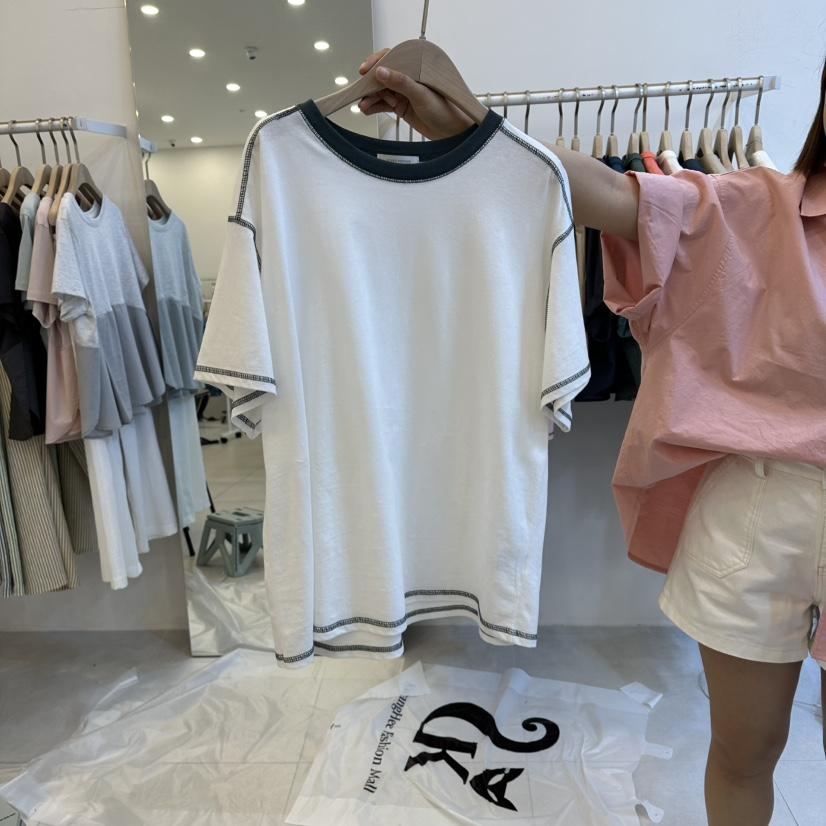 FUNNY POWDER東大門實拍韓國女裝新品休閑職業T恤撞色寬松THE FUNNYT恤