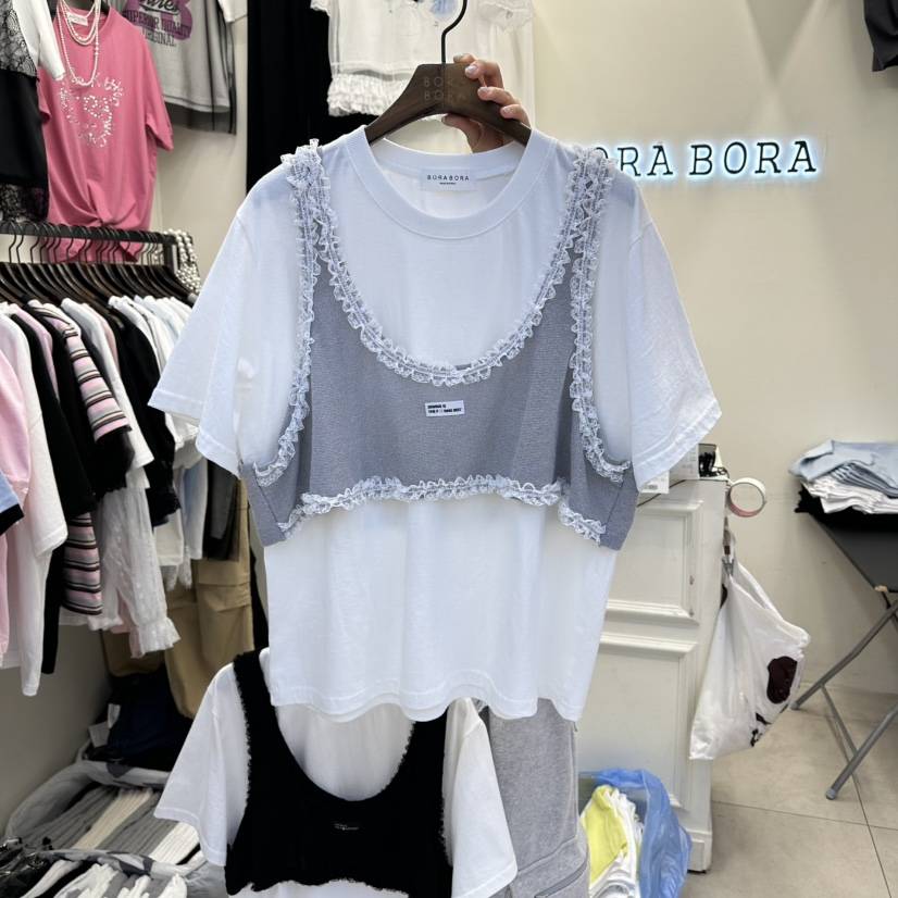 BORA BORA韓國直郵女裝新款時尚職業人氣26春夏T恤假兩件BORA BORAT恤