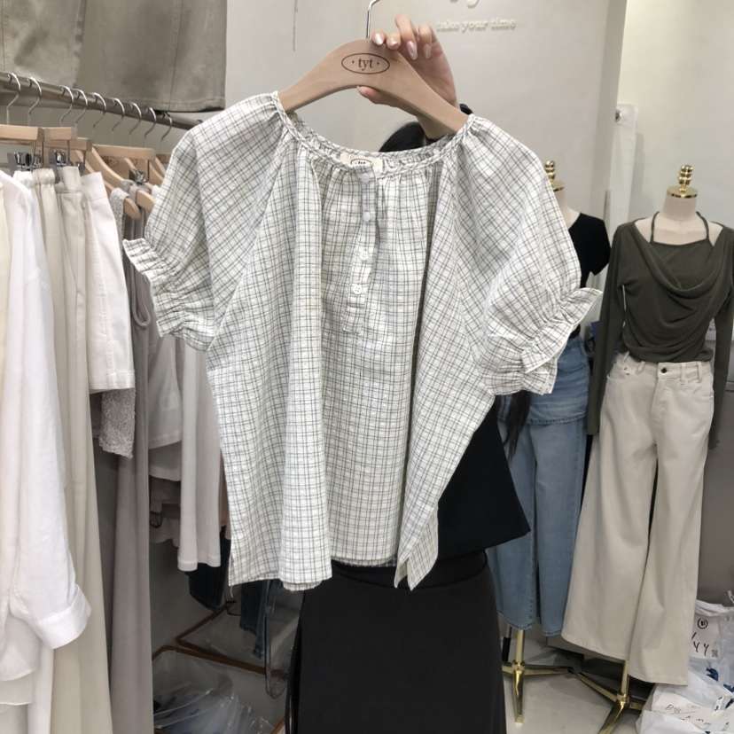 TAKE YOUE TIME韓國直郵女士新品熱賣襯衫蕾絲衫泡泡袖格紋TAKE YOUE TIME襯衫/蕾絲衫