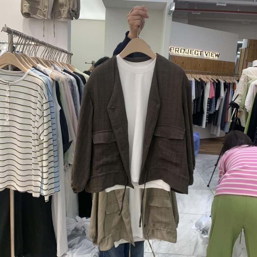 MADEMOISELL韓國東大門代購女士新款職業休閑夾克亞麻布口袋MADEMOISELL夾克