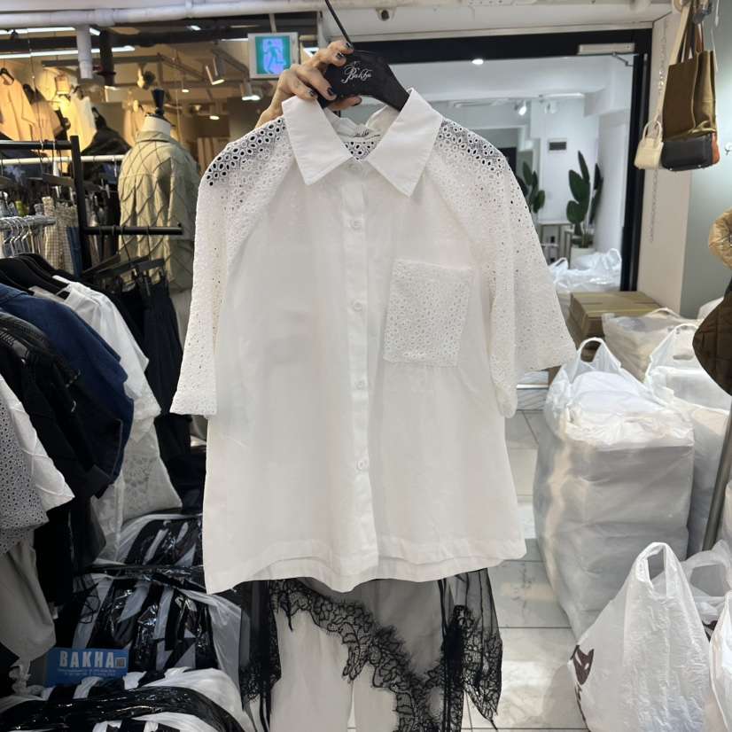 空韓國直郵女裝新品職業休閑26春夏26夏季襯衫蕾絲衫口袋蕾絲BAKHA襯衫/蕾絲衫
