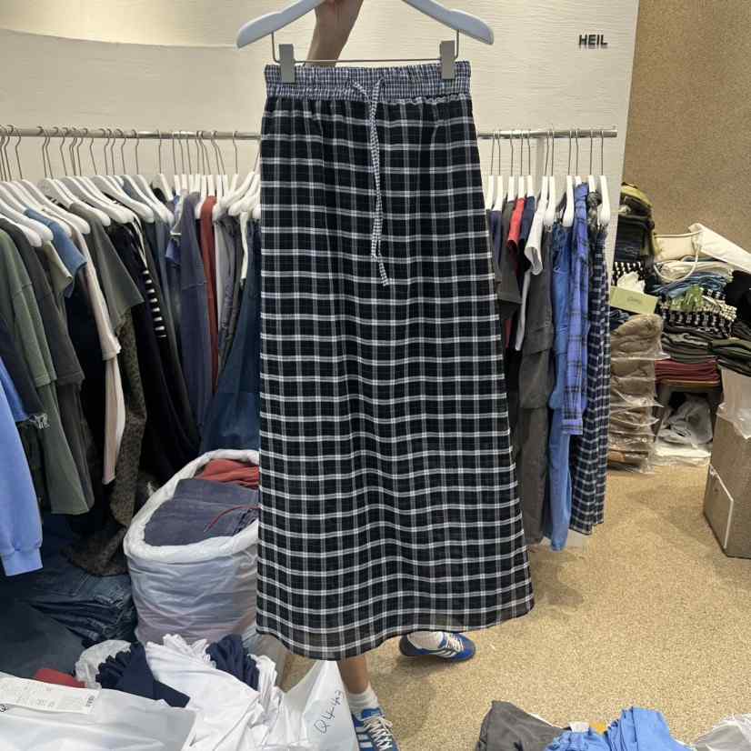 HEIL韓國直郵女士新款人氣26夏季時尚休閑26春夏長裙格紋亞麻HEIL長裙